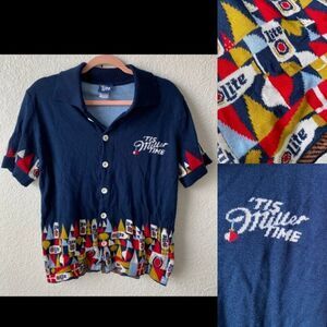 RARE Miller Lite BEER INTARSIA BUTTON UP KNIT SWEATER TOP HTF OVERSIZED SMALL